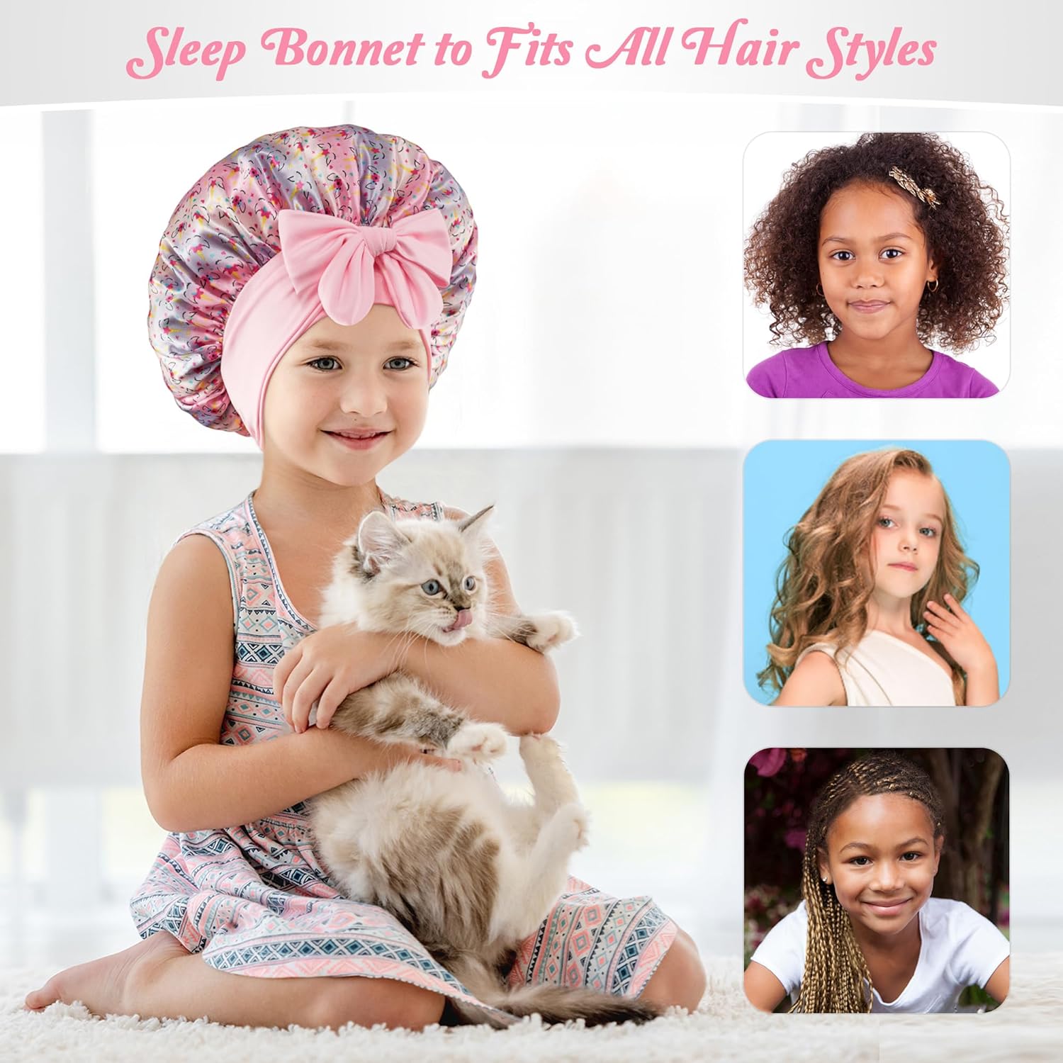 2 PCS Kids Bonnets for Girls, Silk Bonnet for Kids, Satin Bonnet for Sleeping, Baby Toddler Tie Bonnet Sleep Cap